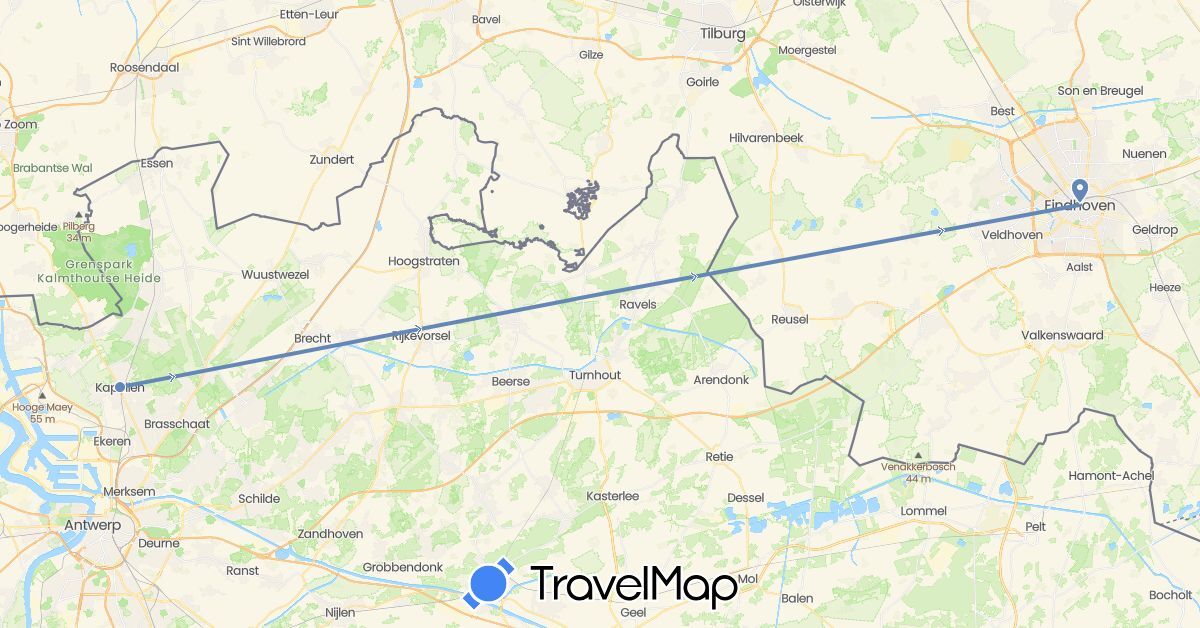 TravelMap itinerary: driving, cycling in Belgium, Netherlands (Europe)
